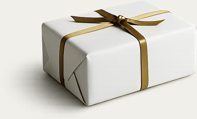 A small gift wrapped in plain paper and tied with a gold ribbon.