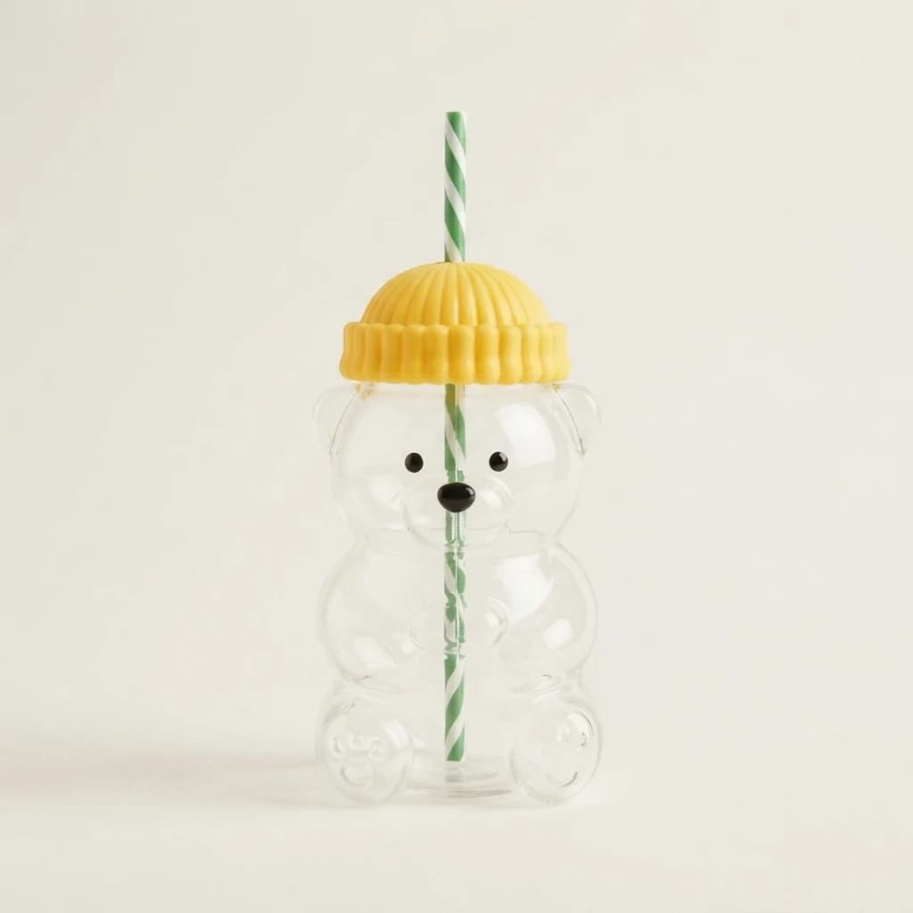 Clear bear glass tumbler with a yellow textured lid and green striped straw on white backdrop.