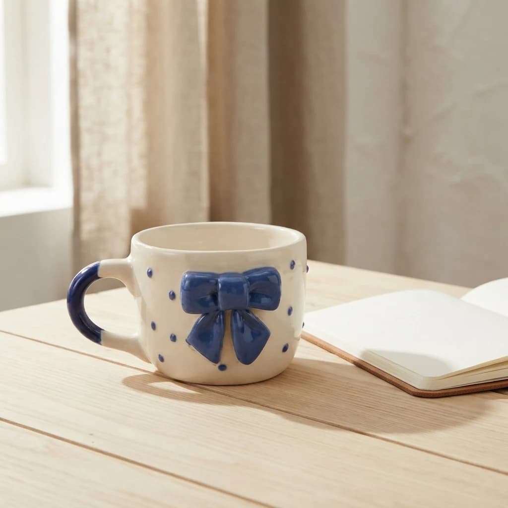 Off-white tea mug with blue bow detail sitting on a wooden table beside a notebook.