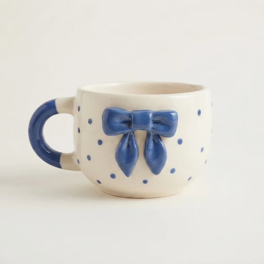 Off-white ceramic mug with blue bow detail and polka dots on a plain ground.