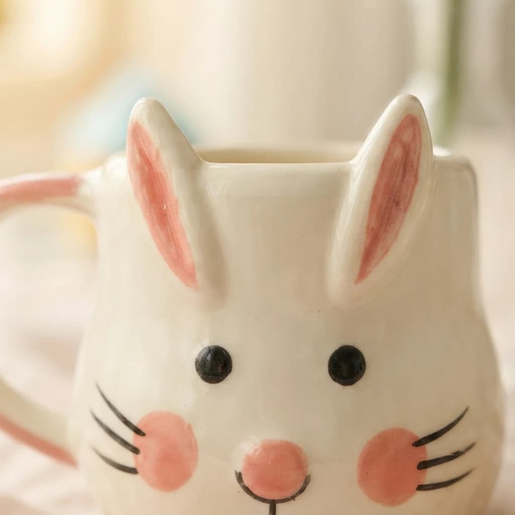 Close-up of the painted bunny eyes, nose, whiskers, and pink cheek details on the mug.