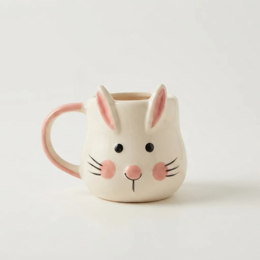 Off-white bunny face mug with pink inner ears and cheeks on a plain background.
