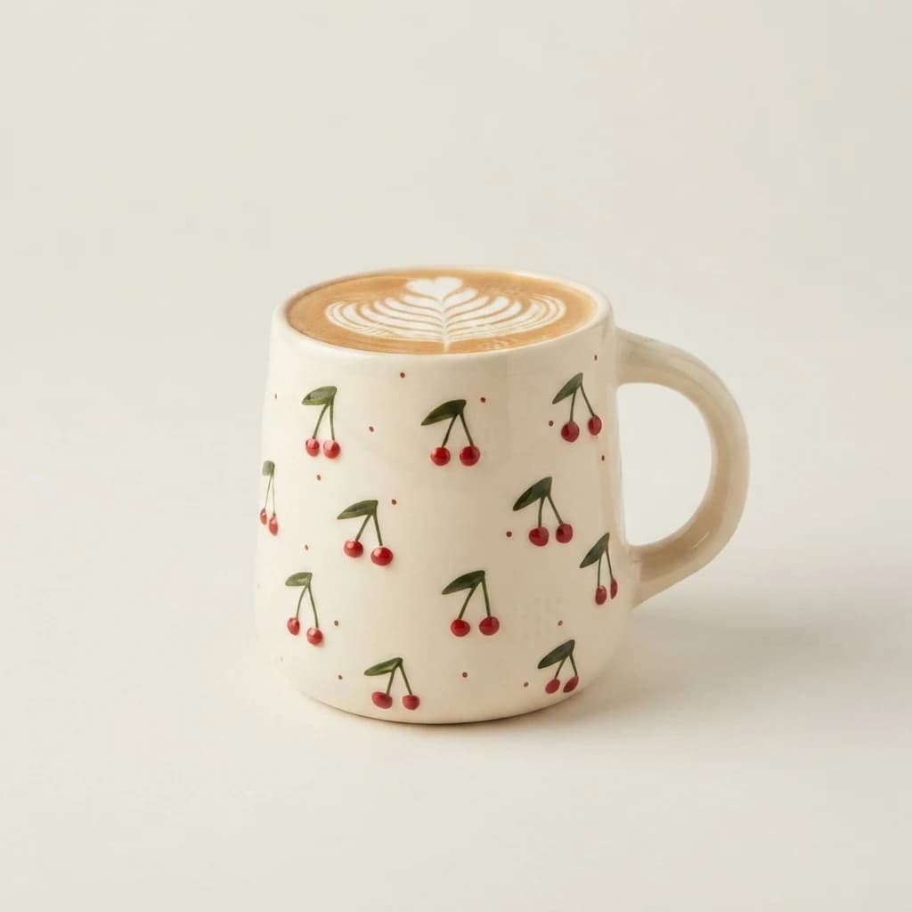 Cream ceramic coffee mug with a red cherry pattern on a white backdrop.
