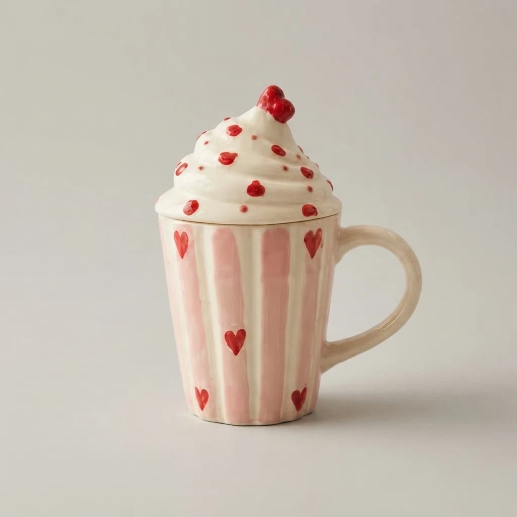 Pink and off-white ceramic cupcake mug with lid standing on a plain pale background.