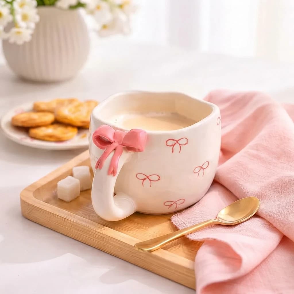 Off-white mug with pink bow handle set on a wooden tray next to a pale napkin.