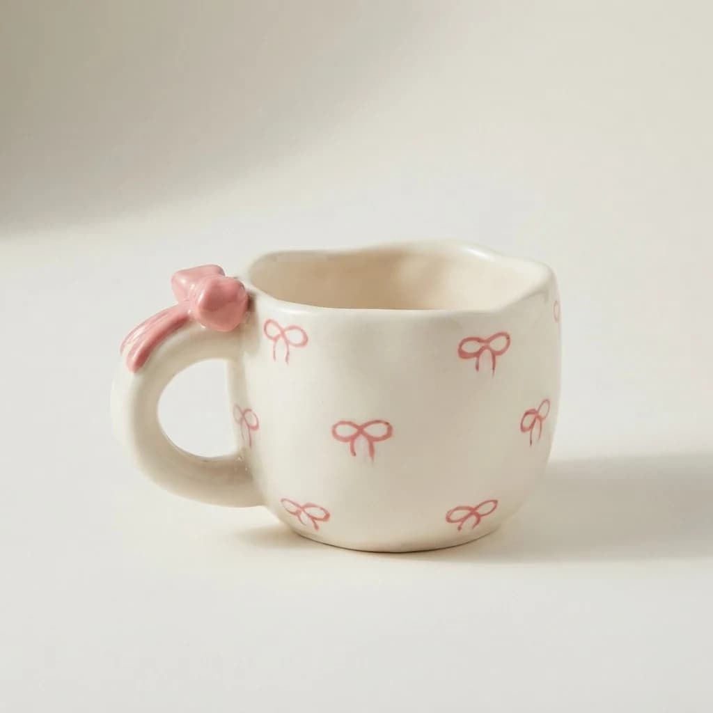 Off-white tea mug featuring painted pink bows and a sculpted bow handle on a plain background.
