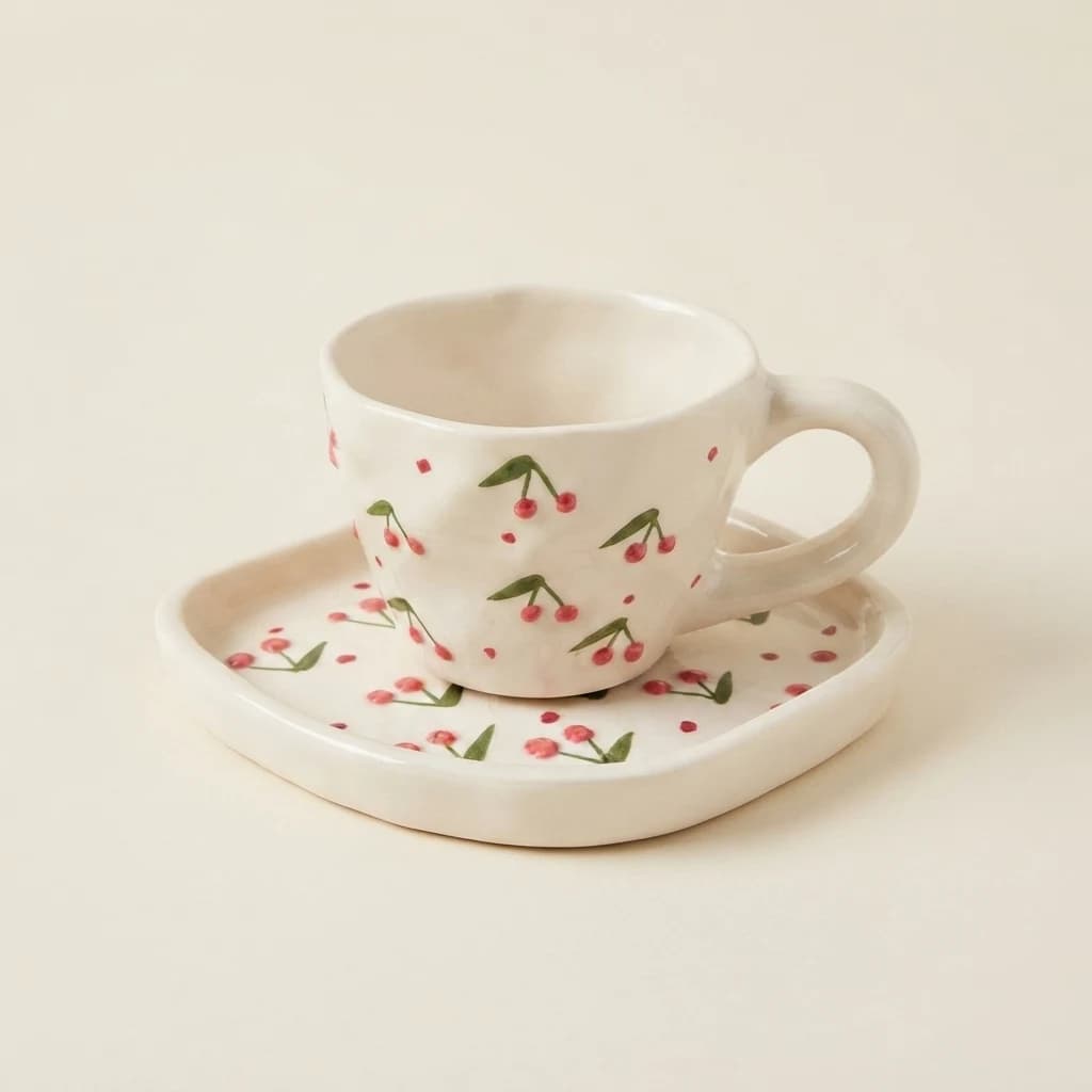 Off-white ceramic tea cup sitting on a matching saucer with red cherry pattern details.
