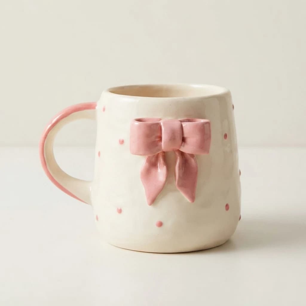 Off-white tea mug with a pink bow accent and raised pink polka dots centered on a white ground.