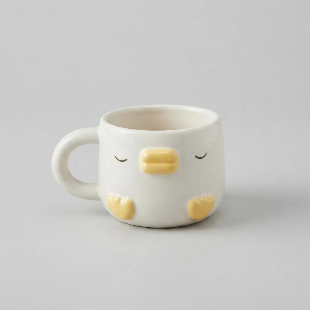 Off-white duck face mug centered against a plain light grey backdrop.
