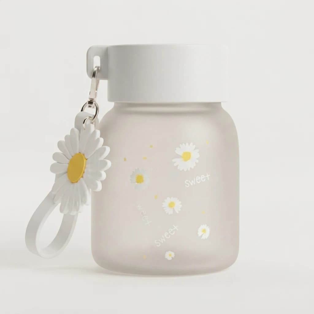 Frosted floral mini drink bottle with a white cap and yellow-centred daisy pattern.