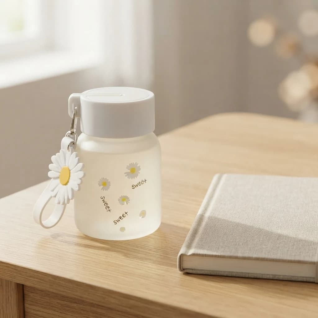 Small floral drink bottle standing on a wooden desk next to a notebook.