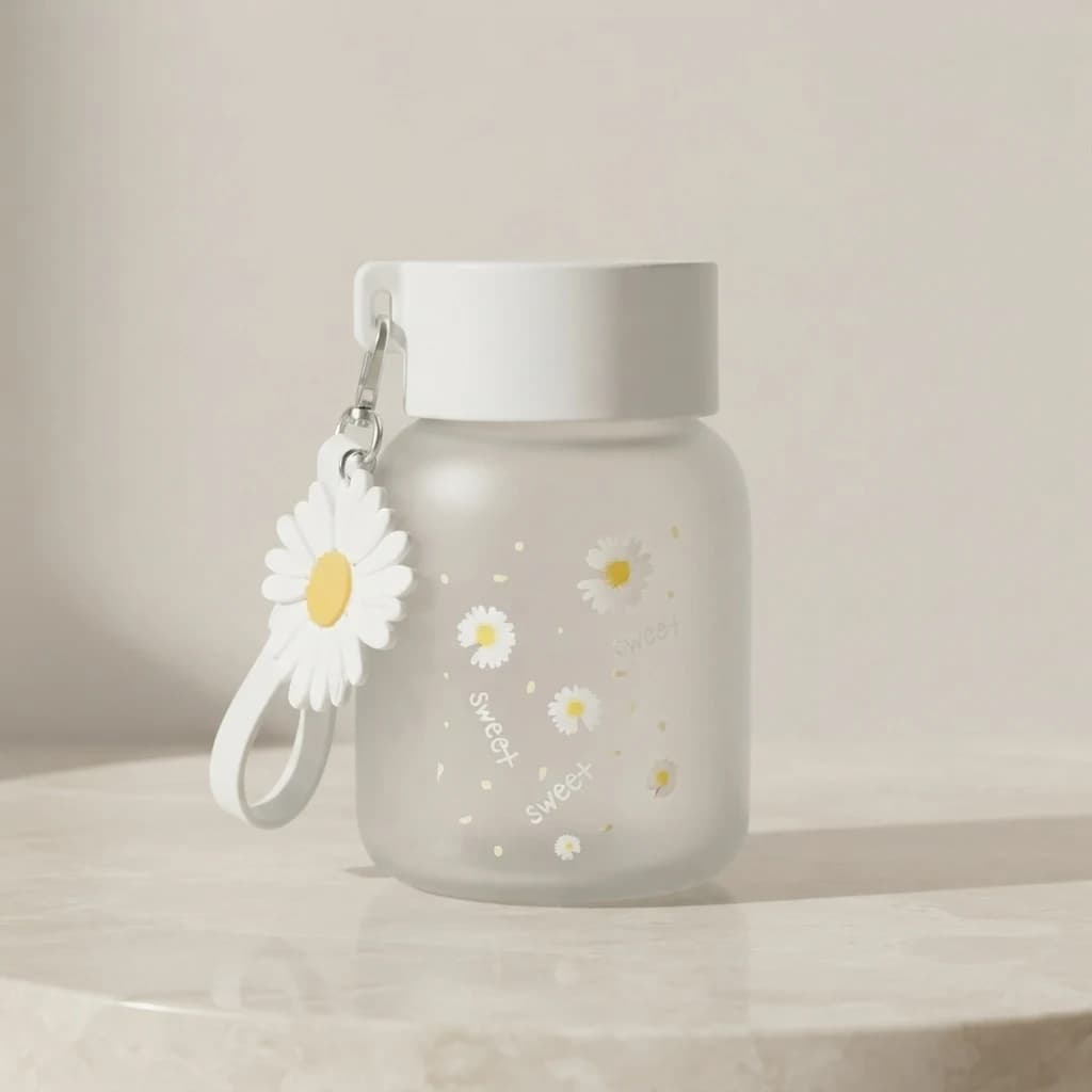 Three-quarter view of the compact drink bottle with its attached daisy charm strap.
