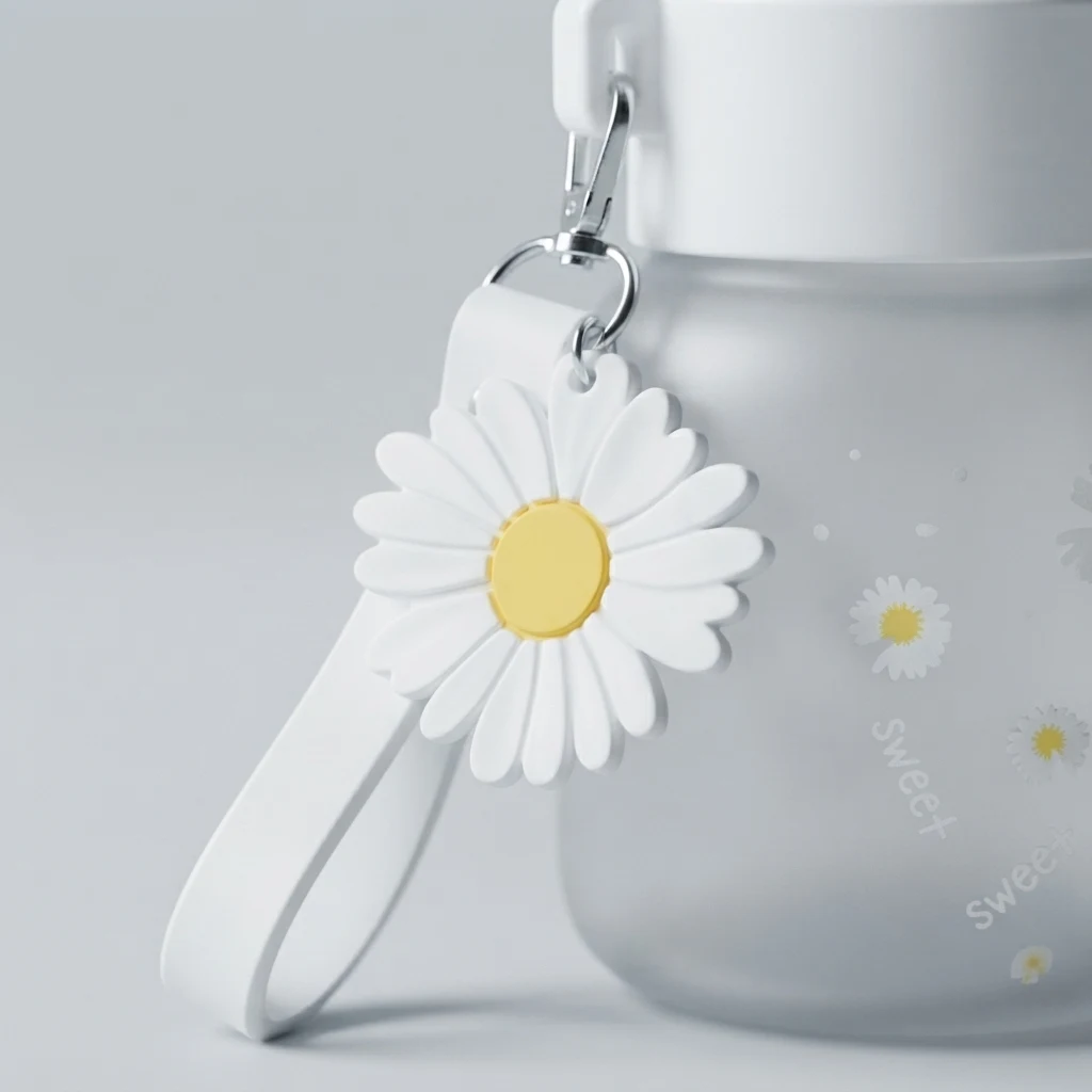 Close-up of the white daisy charm and strap attached to the frosted bottle cap.