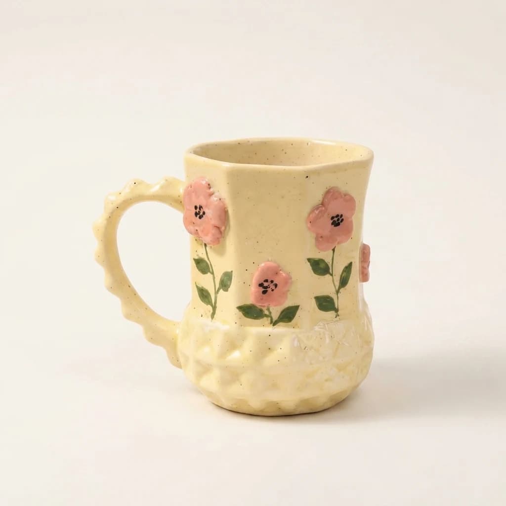 Pale yellow mug with raised pink floral details and a scalloped handle on a plain background.