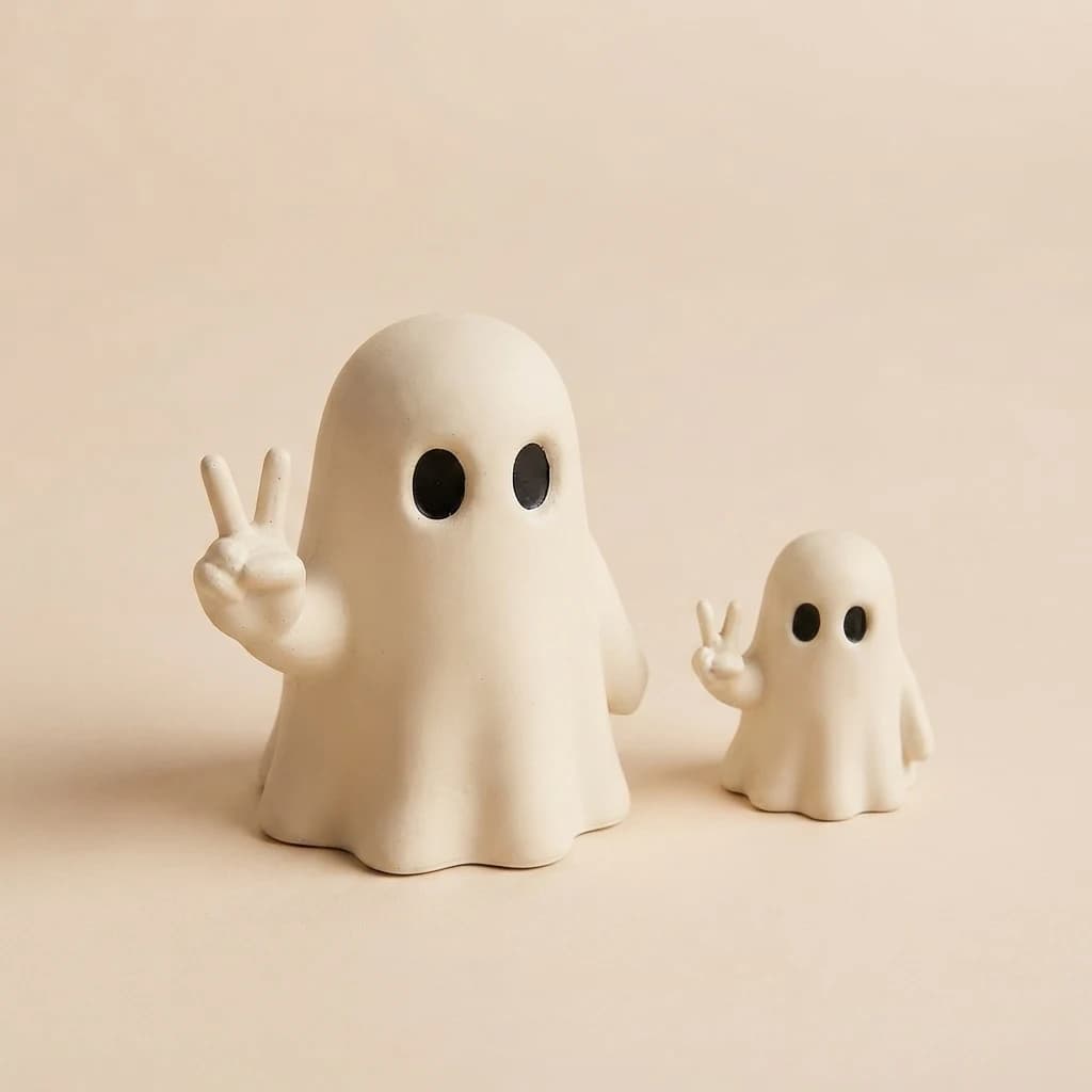 Three-quarter view of two friendly ghost showpieces showing peace sign gestures.