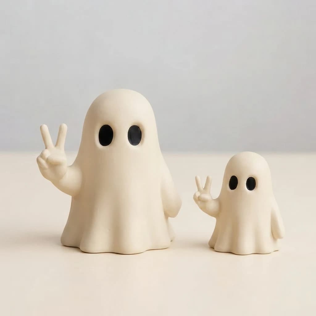 Two off-white ghost figurines in big and small sizes standing side by side.