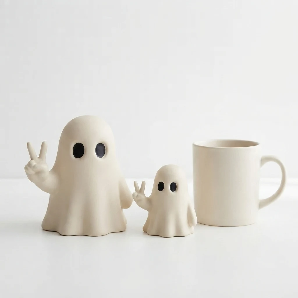 Two off-white ghost figurines displayed beside a coffee mug to show scale.