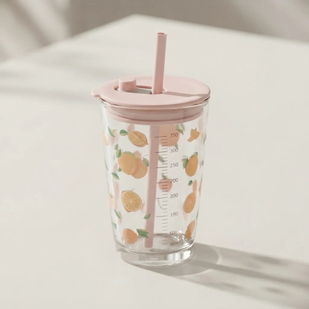 Three-quarter view of a glass drinking tumbler with a peach pattern, pink straw, and lid on an off-white surface.