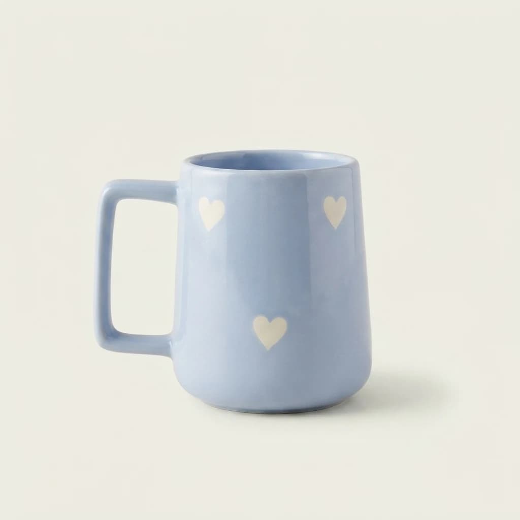 Soft blue mug with printed white heart motifs centered against a plain light background.