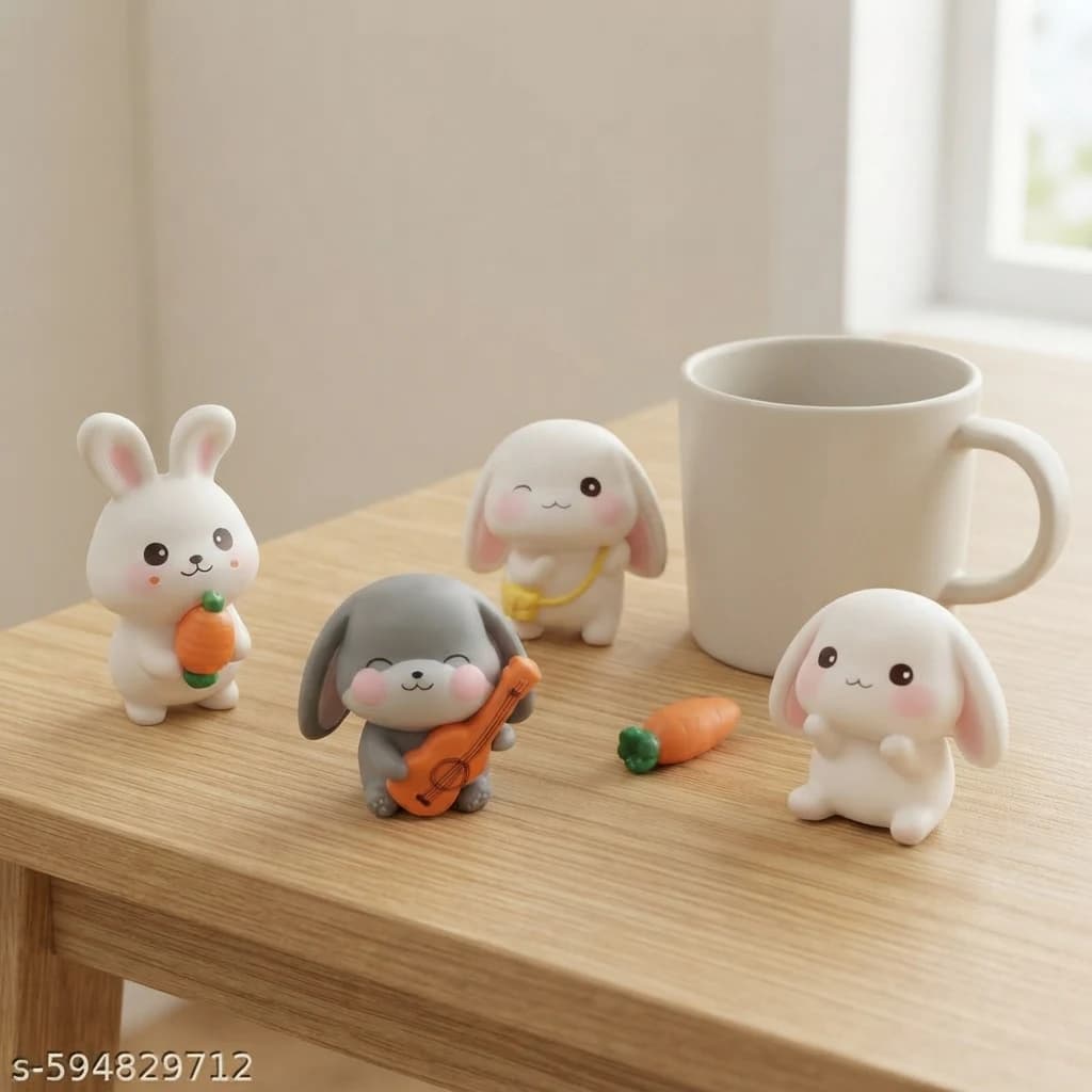 Small bunny figurines set placed beside a coffee mug showing their compact size.