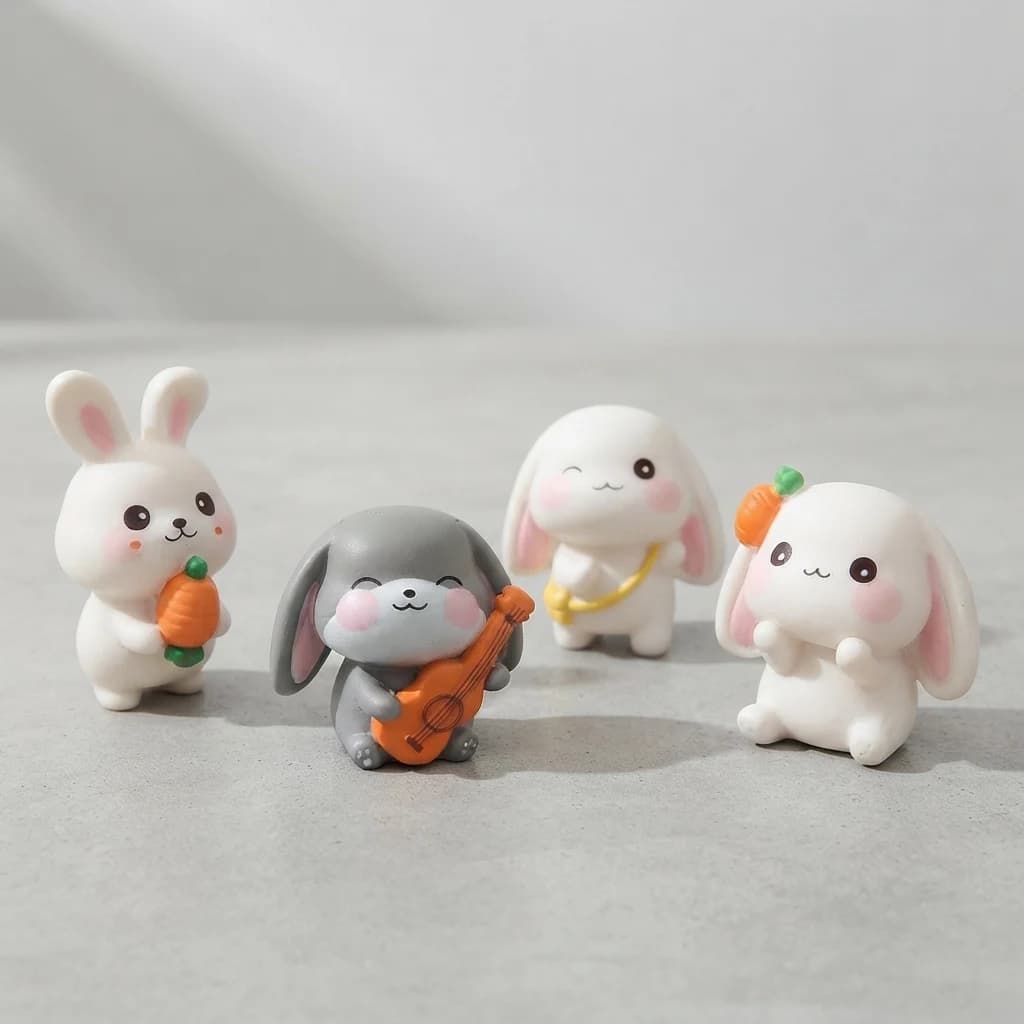 Three-quarter view of cute rabbit figurines with musical and carrot accessories.