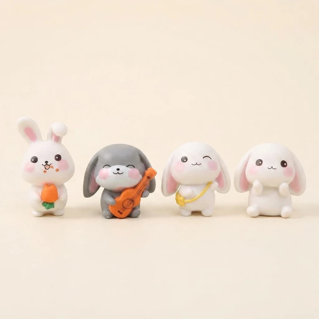 Set of four small off-white and grey bunny miniature figurines arranged in a line.