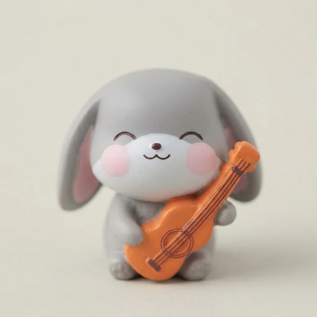Close-up of a small grey rabbit figurine holding an acoustic instrument.