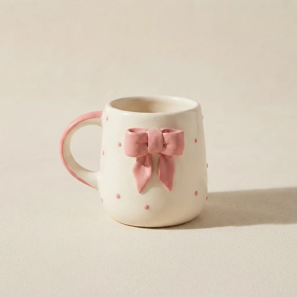 Off-white polka dot ceramic mug featuring a raised pink bow on a plain beige surface.