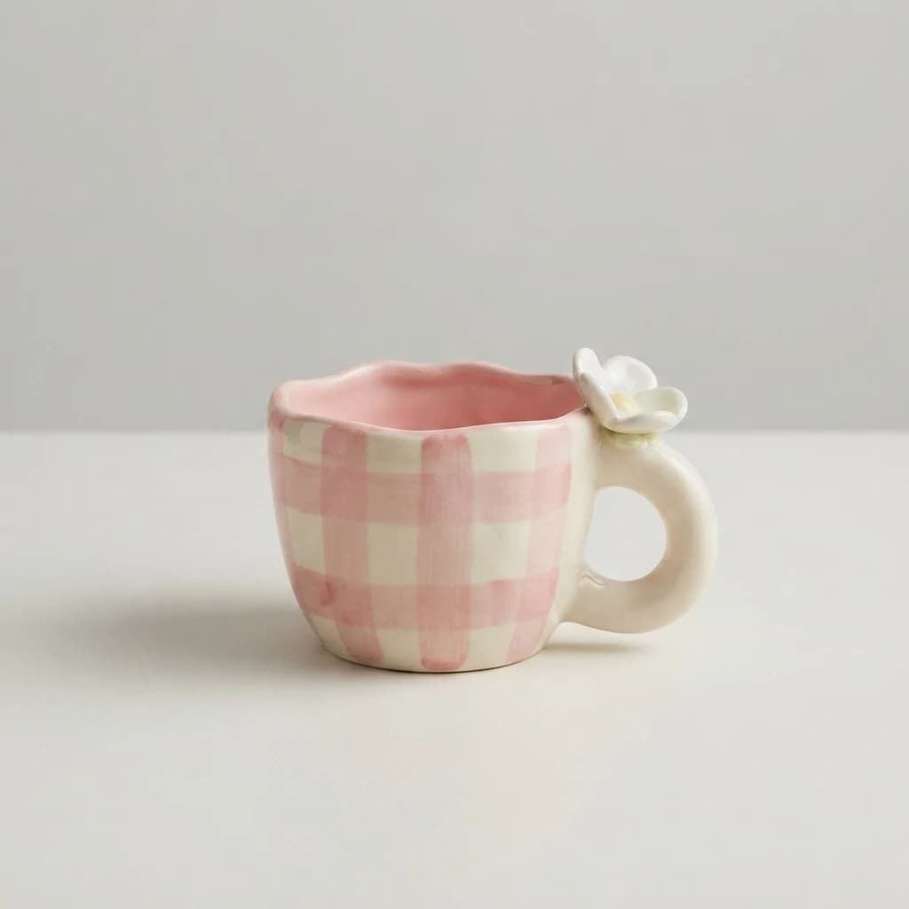 Pink checkered cup with a white flower accent on the handle on a pale backdrop.
