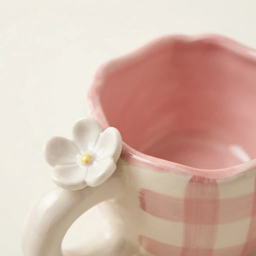Close detail of a white floral motif resting on the top handle of a pink mug.