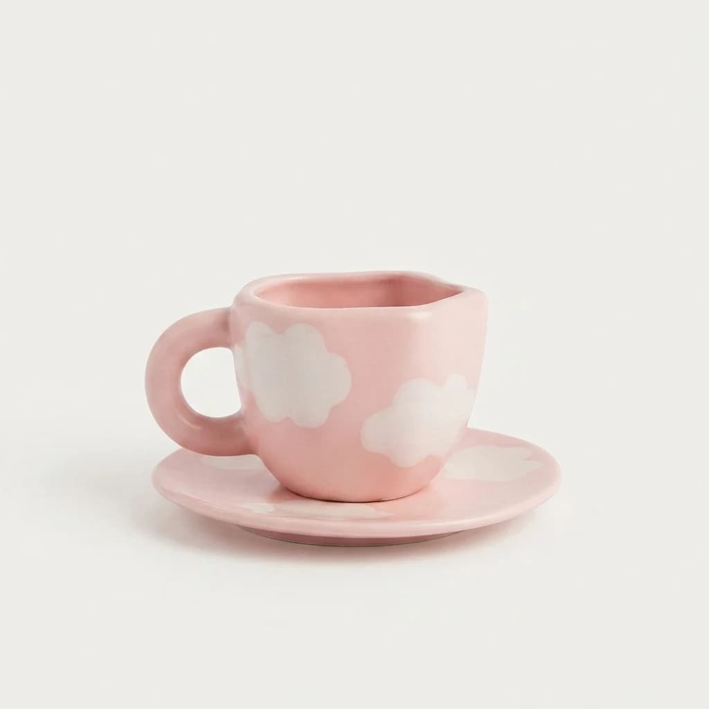 Pastel pink tea cup with white cloud details sitting centered on a matching pink saucer.