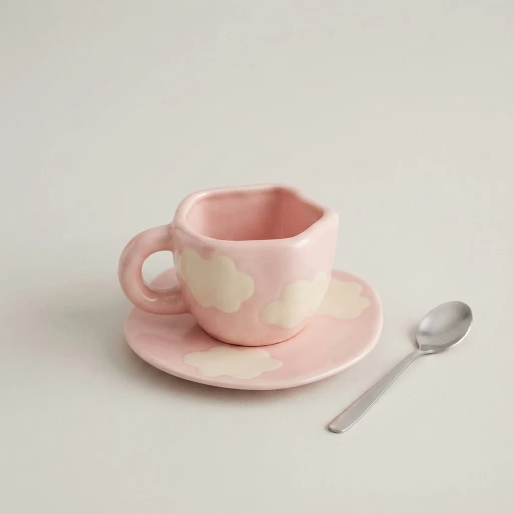 Pink tea cup set placed next to a small tea spoon on a plain surface showing scale.