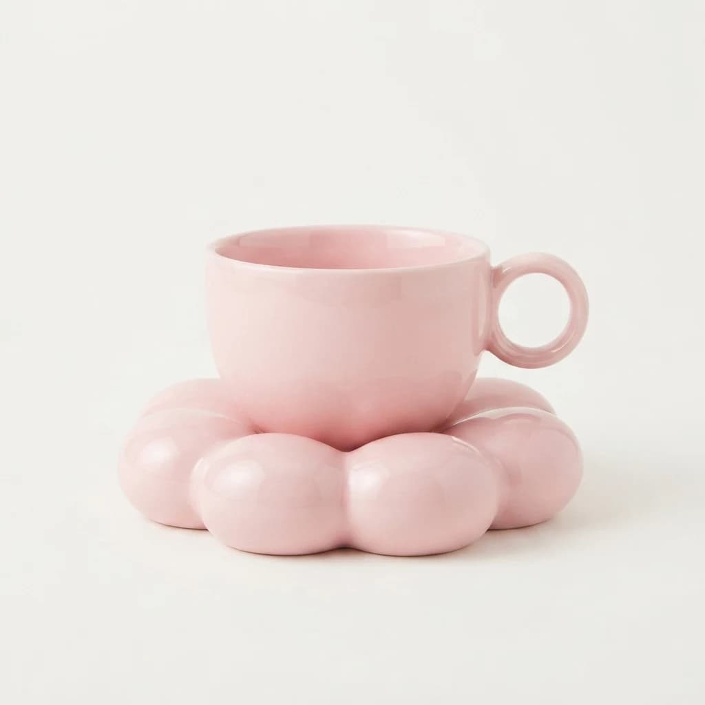 Soft pink cup resting centrally on a matching glossy flower-shaped saucer.