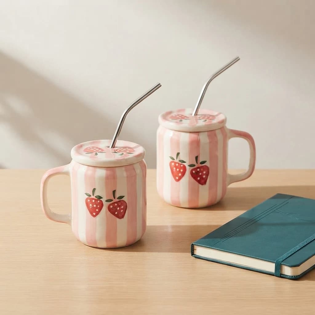 Pink strawberry mug placed beside a notebook on a wooden desk to show relative height and size.
