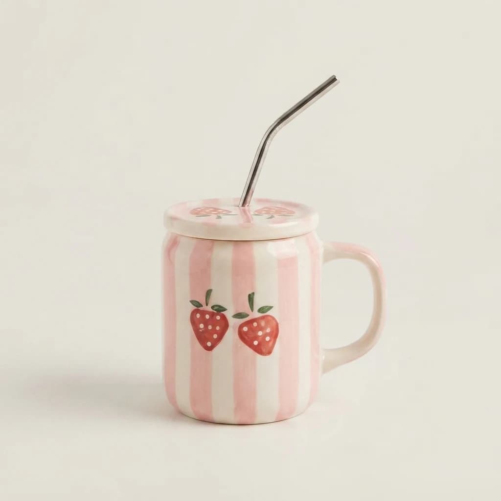 Pink striped strawberry mug with a fitted pink lid and metallic bent straw on a plain white backdrop.