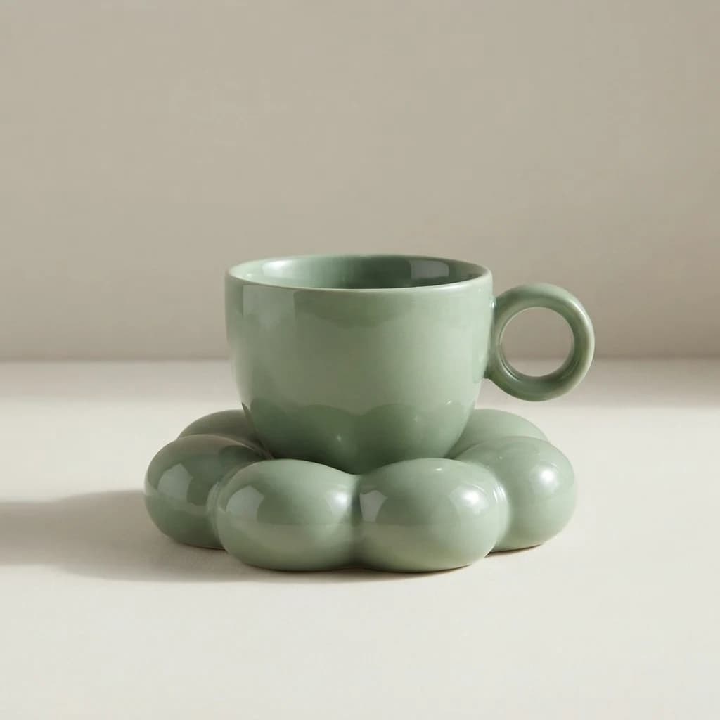 A sage green mug sitting squarely on a matching rounded bubble-shaped saucer.