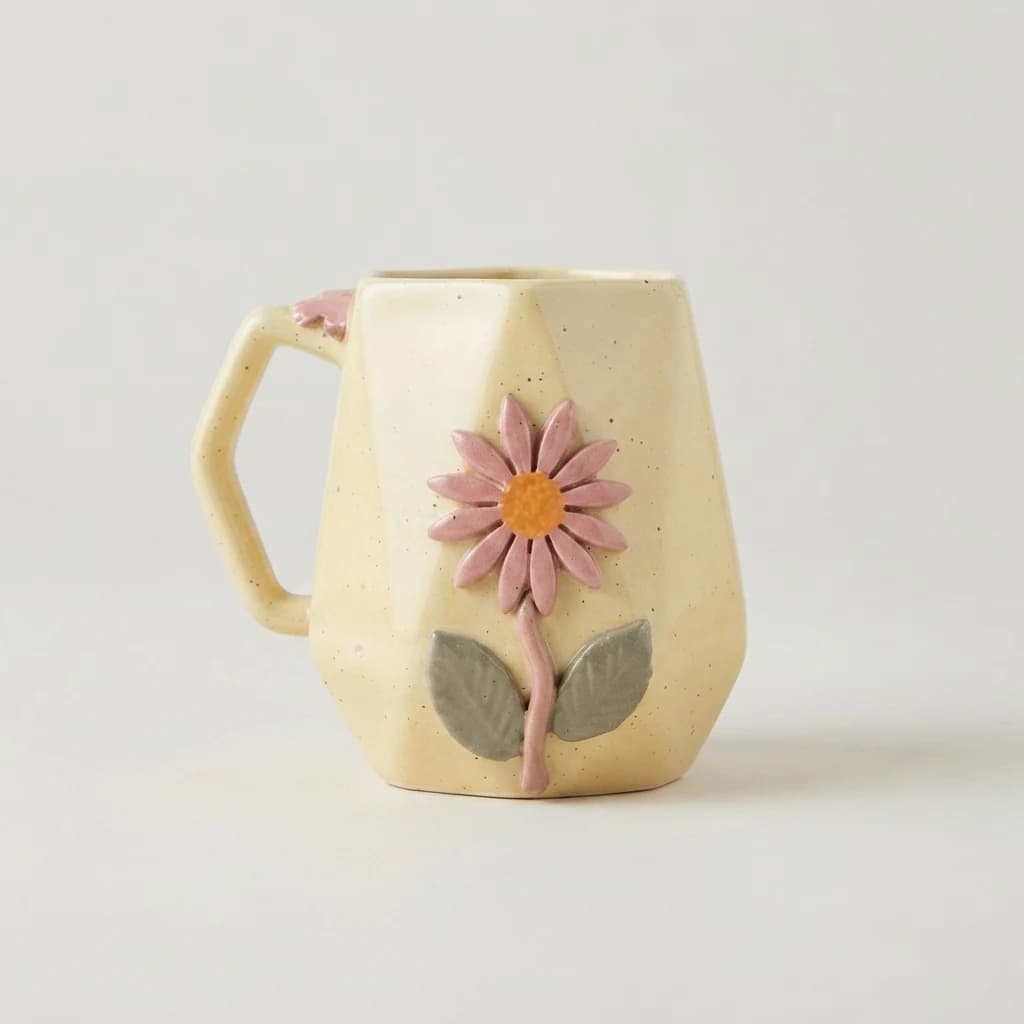 Pale yellow ceramic coffee mug featuring a raised pink flower and green leaves design.