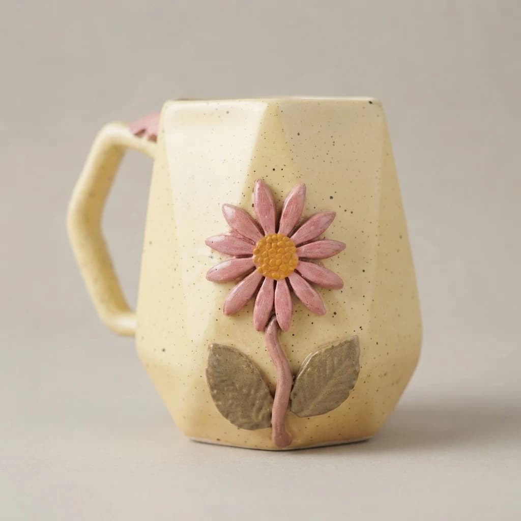 Close detail of the raised pink floral motif on the side of a pale yellow ceramic mug.