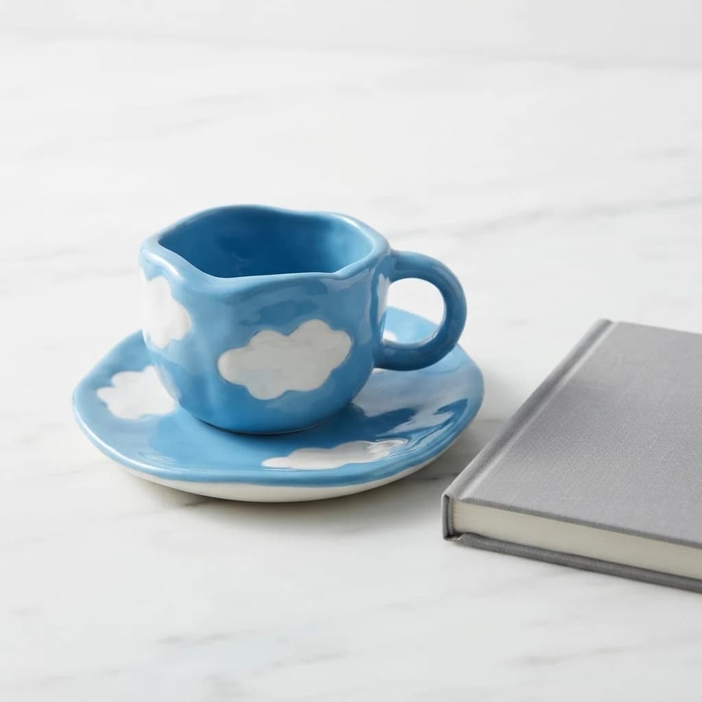 Sky blue cloud tea cup and saucer positioned next to a small book for scale visual context.