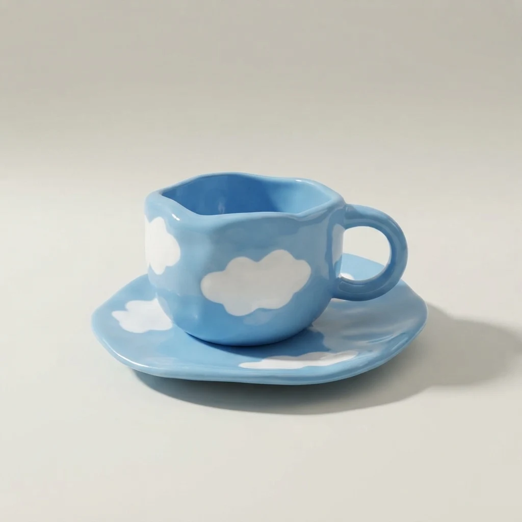 Sky blue tea cup with white cloud design resting squarely on a matching cloud saucer.