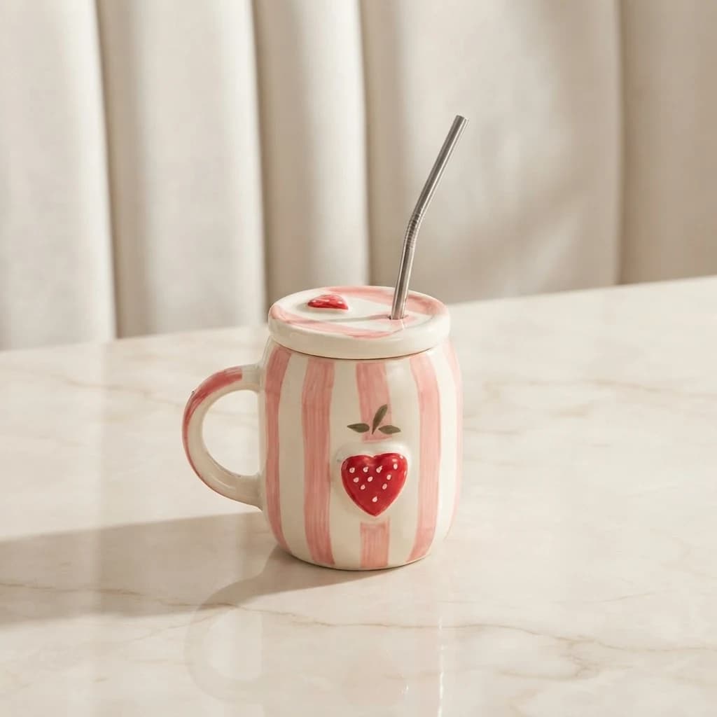 Striped strawberry mug with lid and metal straw standing on a pale marble surface.