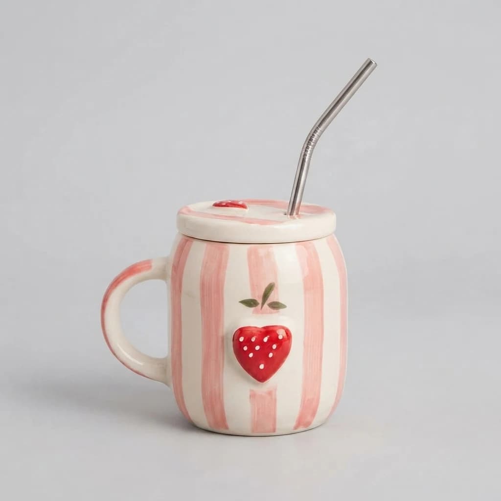 Pink and cream striped mug with a lid, raised strawberry motif and a curved metal straw.