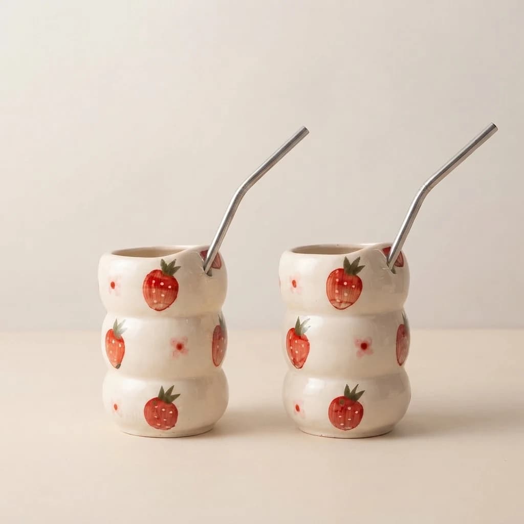 Two off-white ribbed strawberry tumblers with metal straws side by side on a plain surface.