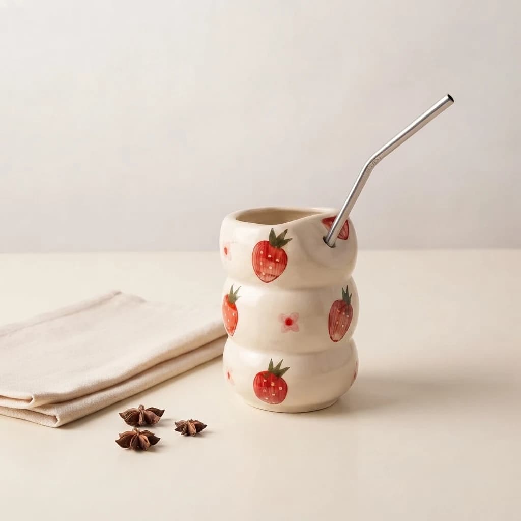 Off-white strawberry tumbler with straw positioned beside star anise for size reference.