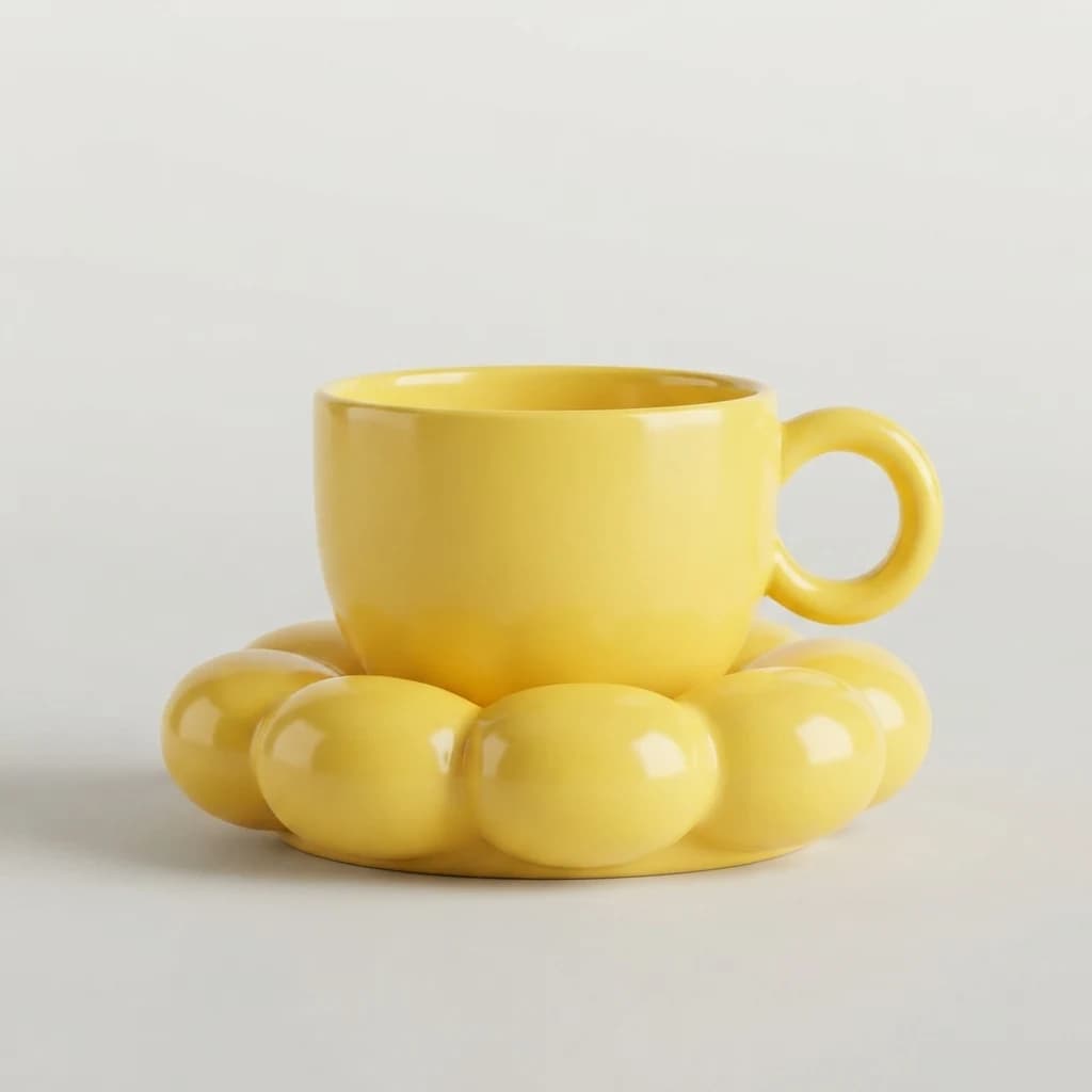 Glossy yellow ceramic cup resting on a matching rounded flower saucer.